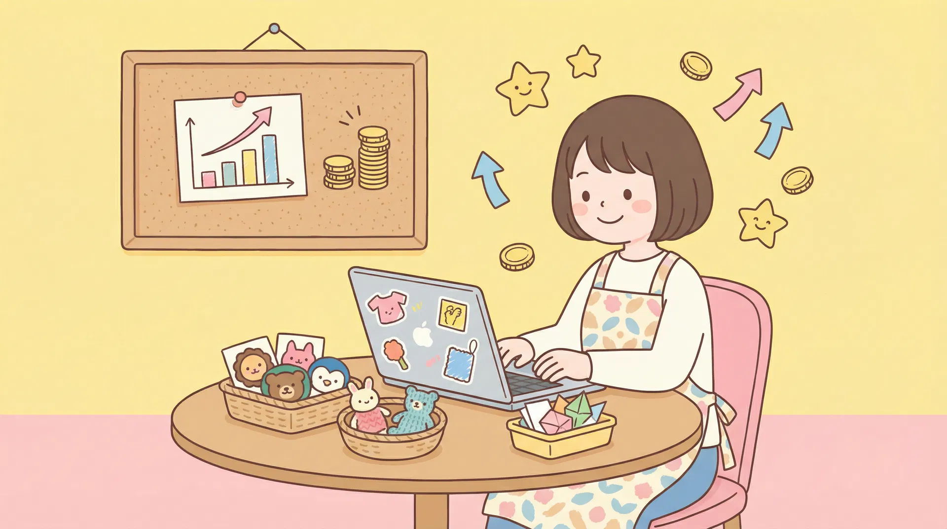 家事のスキマにコツコツ積立FXをするママのイラスト