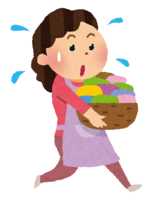 洗濯物を抱えて忙しく動く主婦のイラスト