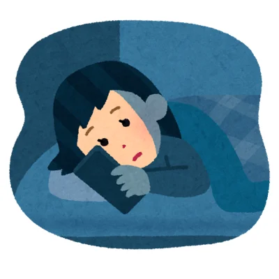 暗い部屋でスマートフォンを見る女性のイラスト
